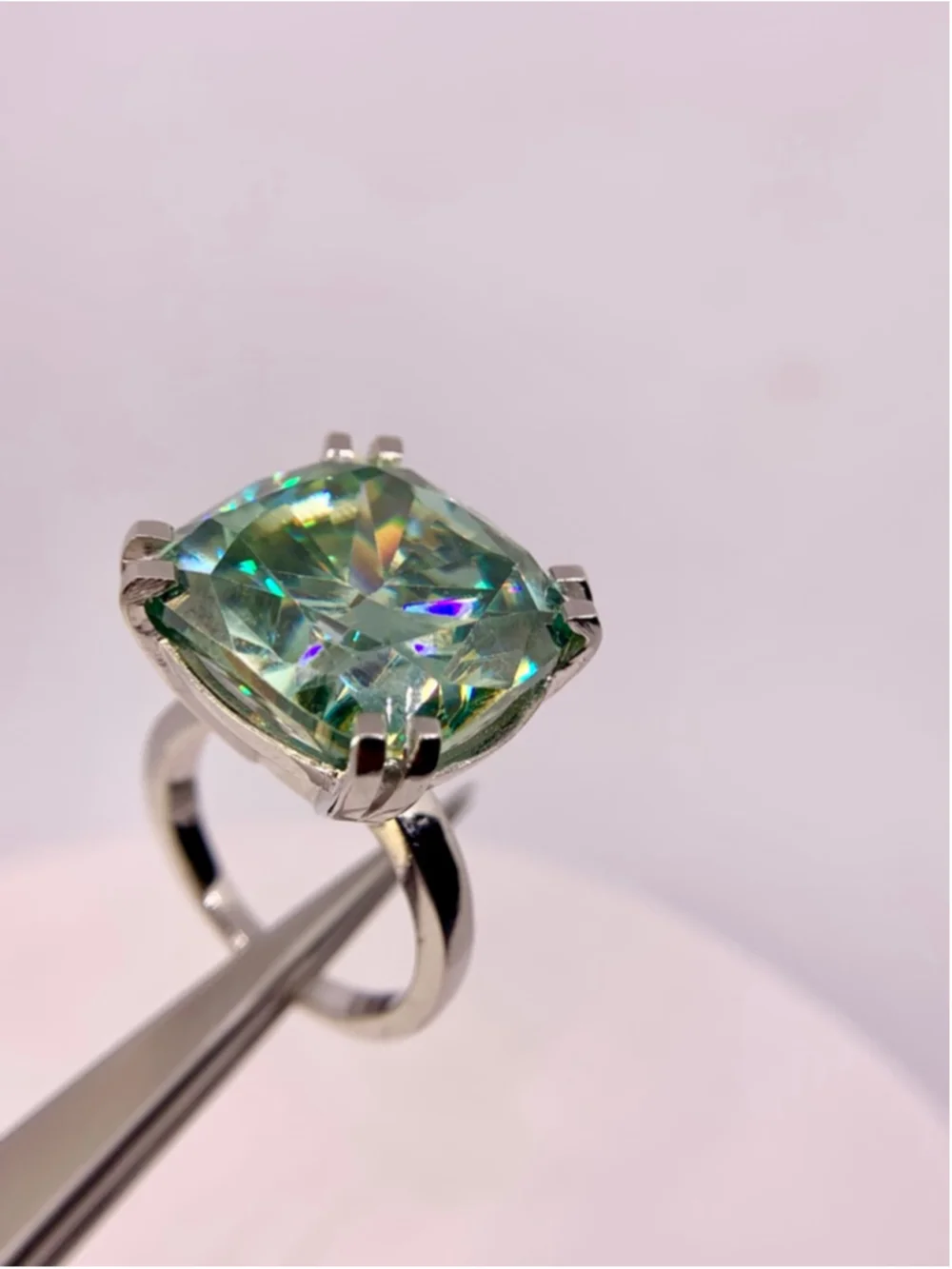 Huge Cushion Cut Moissanite Ring Vivid Blue Green 925 Silver 22 Ct Cocktail Ring